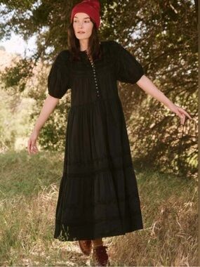 THE GREAT. Black Tiered Maxi Dress with Puff Sleeves